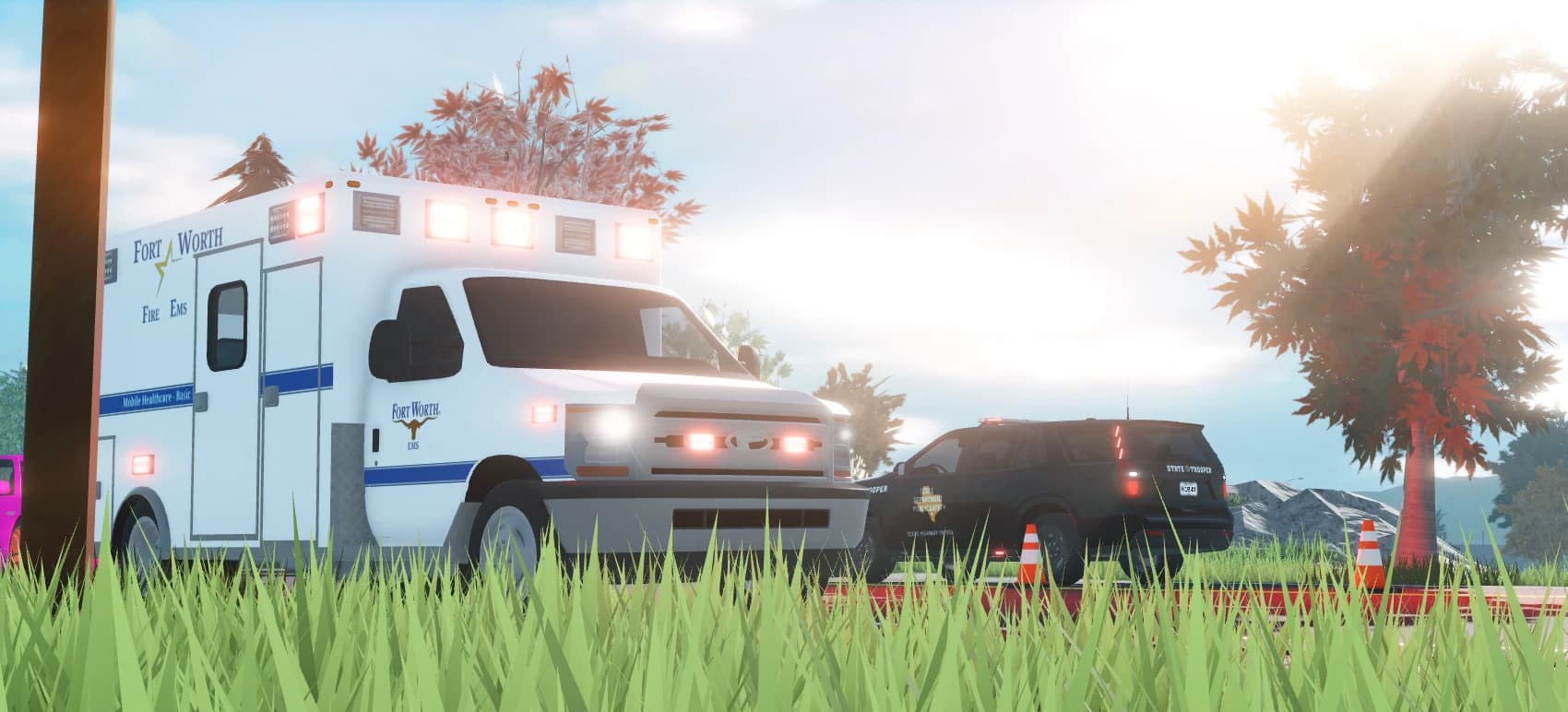 Fort Worth EMS and a state trooper responding together in daylight