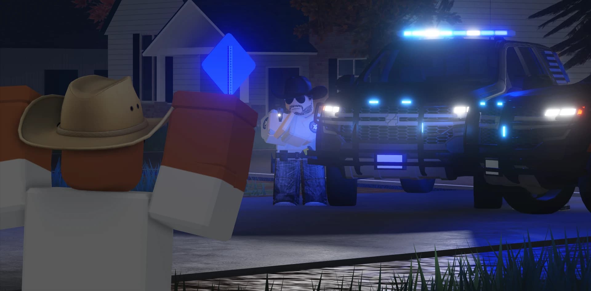 A nighttime police roleplay scene beside patrol vehicles